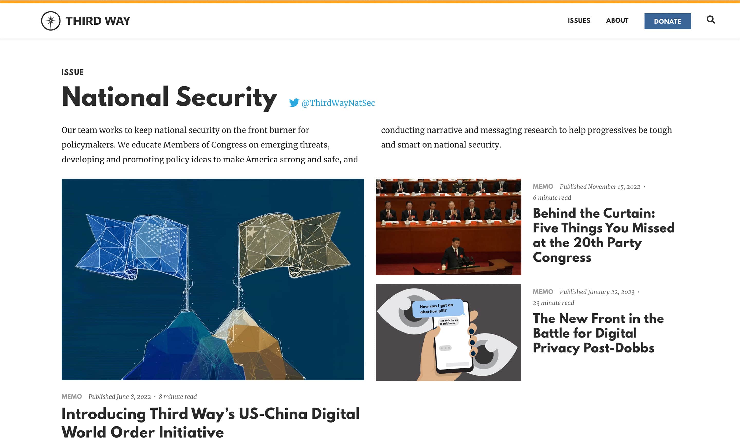 A screenshot of Third Way’s National Security issue page